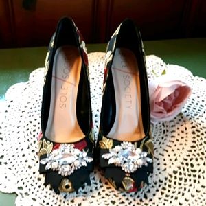 Tapestry jeweled heels